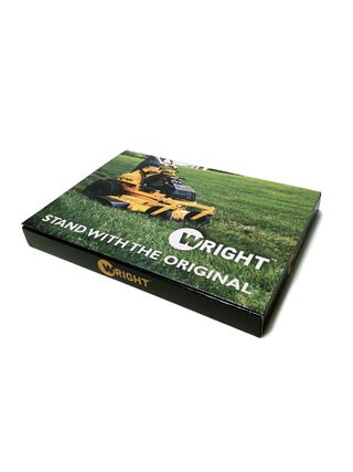 A closed box with the Wright logo and the words 'Stand with the original' printed over a photo of a Wright standing lawn mower.