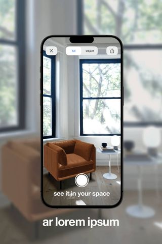 Storyboard image of a phone with the app open on an alternate reality camera view showing what furniture would look like in a room. There is placeholder text under the phone that says 'ar lorem ipsum'.