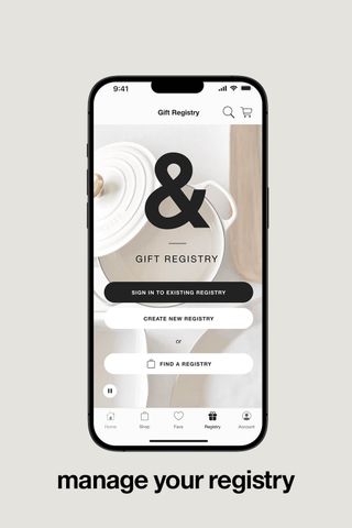 Storyboard image of a phone with the app open to a gift registry screen. There is text under the phone that says 'Manage your registry'.